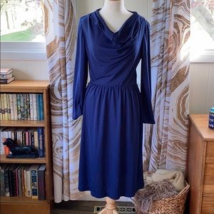 Vintage 70s Navy Blue Cowl Neck Long Sleeve Dress M/L